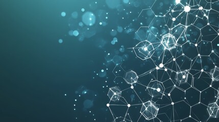 Fototapeta premium Abstract representation of interconnected hexagons and light particles against a blue background, showcasing a modern digital design concept