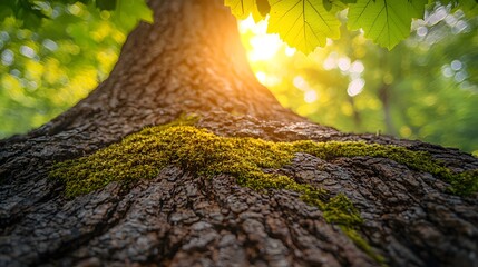 Obraz premium Close-Up of Tree Bark with Moss and Sunlight
