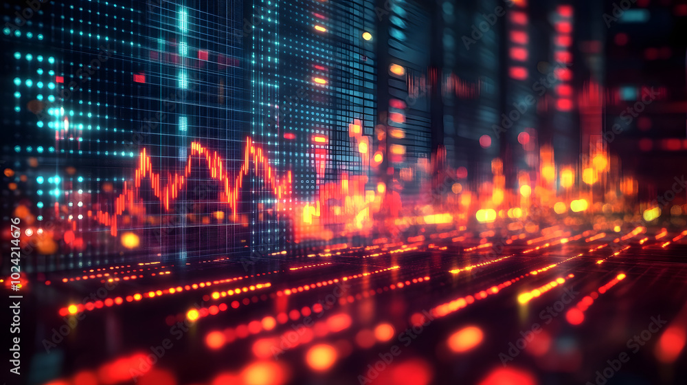Poster dynamic digital backdrop representing stock market trends with upward and downward arrows intricate 