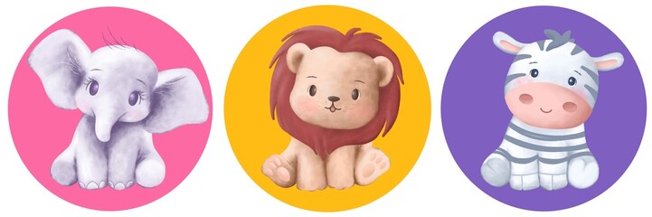 cute wildlife animal cartoon character drawing. lion, elephant and zebra