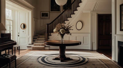 Classic Interior Design with a Round Entry Table, A Stylish Round Entryway Table.