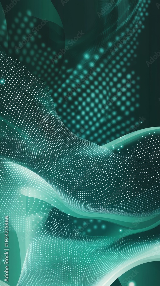 Poster Abstract digital wave patterns with glowing dots creating a mesmerizing visual effect in shades of teal and green