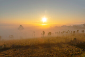 Mountain landscape in the fog.Beautiful sunlight and fog