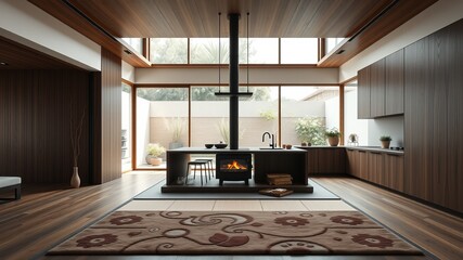 Fototapeta premium Modern Japanese Minimalist Interior Design: Sleek Kitchen and Living Room Harmony