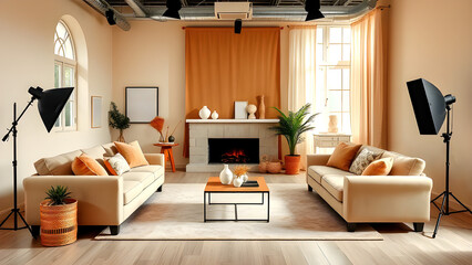 Fototapeta premium Cozy Elegance: The Neutral Living Room Studio - Landscape