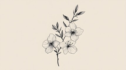 A Line Drawing of Three Flowers and Stem with Leaves