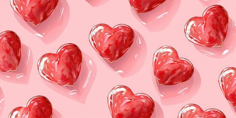 A seamless pattern of red hearts on a pink background, in the style of a vector illustration with a flat design using simple shapes as a digital art piece.