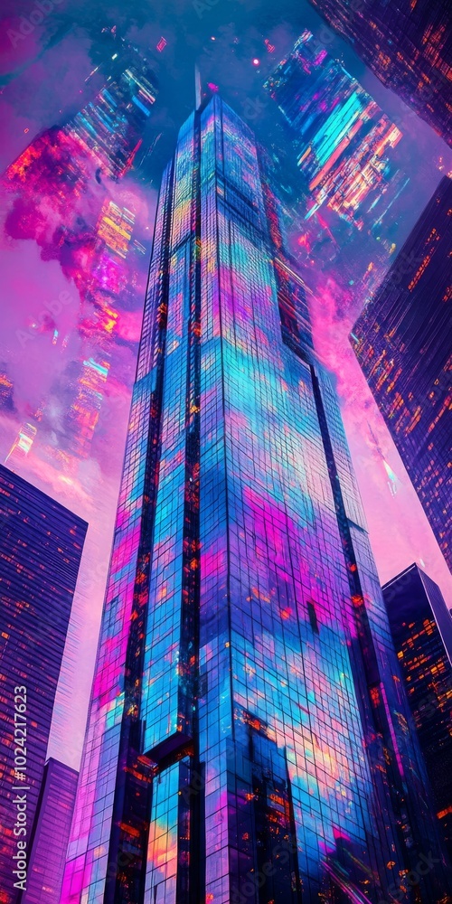 Poster artistic representation of a synthwave skyscraper, with a double exposure effect incorporating vibra