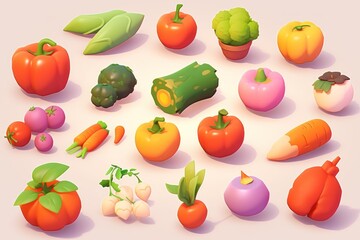 A Colorful Array of 3D Rendered Vegetables and Fruits