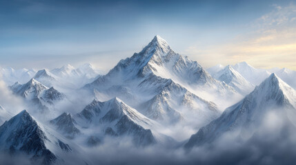 Naklejka premium Majestic snowy mountain range with peaks rising above clouds, creating breathtaking landscape. serene atmosphere evokes sense of tranquility and awe