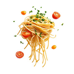 Flying spaghetti, isolated on a white background, adding a playful and whimsical touch. PNG