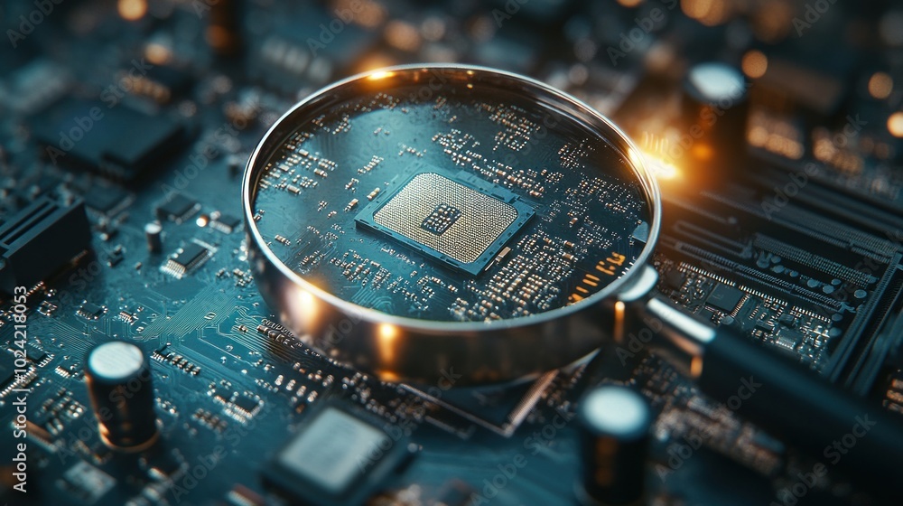 Poster a magnifying glass focuses on a computer chip embedded in a circuit board.