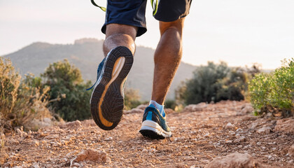 A man is running on a rocky path with a view of the ocean in the background. Concept of adventure and freedom as the man enjoys the outdoors and the beautiful scenery