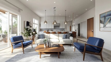 A mid-century modern living room with a white sofa, blue leather chairs, and a wooden coffee table, set in a bright, airy space