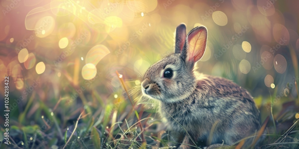 Poster a rabbit is standing in a field of grass. the rabbit is looking to the right. the grass is green and