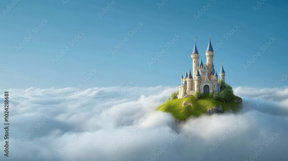 Poster fairy tale castle floating on island in clouds creates magical and serene atmosphere. this enchantin
