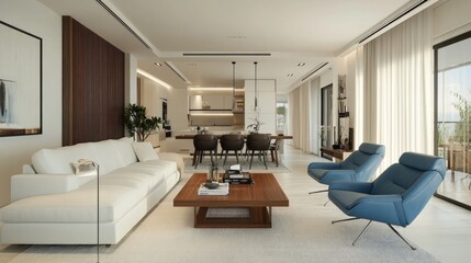 Modern living room with a white sofa, striking blue leather chairs, and a classic wooden coffee table, embodying mid-century design elements.