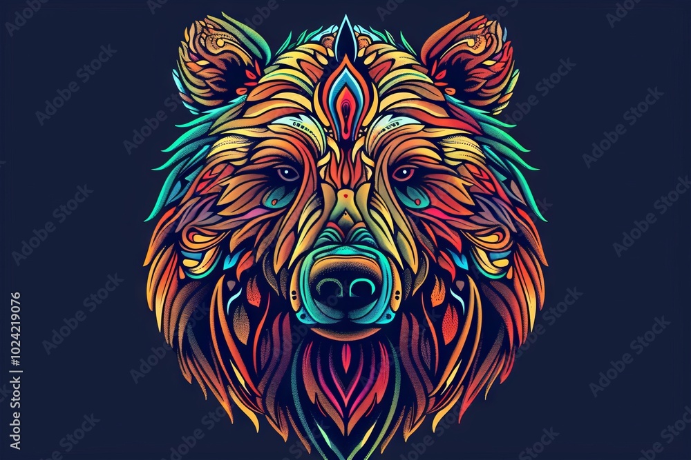 Wall mural Bear head featuring colorful tribal ornaments.