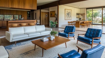 Fototapeta premium White sofa and blue leather chairs near a wooden coffee table in a living room that blends mid-century modern design with contemporary elegance.