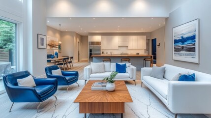 White sofa and blue leather chairs near a wooden coffee table in a living room that blends mid-century modern design with contemporary elegance.