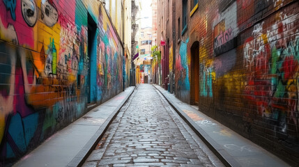 Fototapeta premium vibrant graffiti covered wall in urban alley showcases colorful street art, creating lively atmosphere. cobblestone path invites exploration and adds charm to scene
