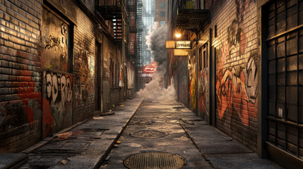 Fototapeta premium grungy alleyway with graffiti covered walls, showcasing moody atmosphere. scene features smoke rising in distance, adding to urban vibe