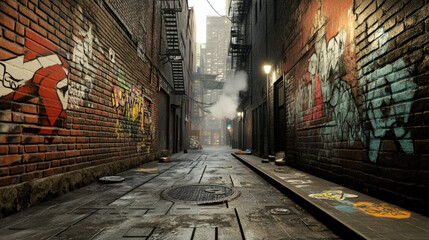 Fototapeta premium grungy alleyway featuring graffiti covered walls, wet pavement, and urban elements creates moody atmosphere. scene captures essence of city life with its vibrant street art and industrial