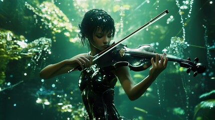 Fototapeta premium Enchanted Violinist in a Lush Forest