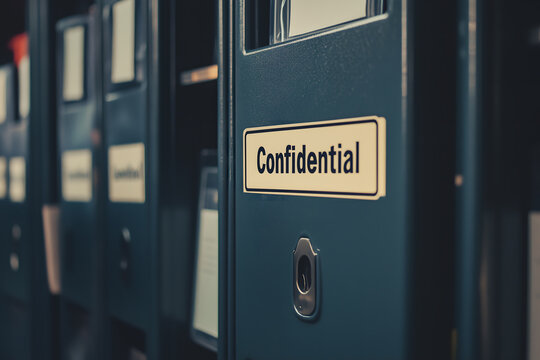Confidential file cabinet in office, data privacy concept, secure document storage, business information protection