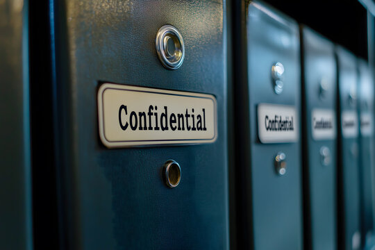 Confidential file cabinet in office, data privacy concept, secure document storage, business information protection