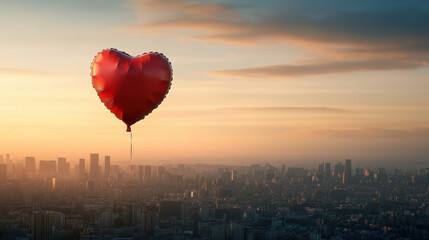 Obraz premium heart shaped balloon floats gracefully into sky above city skyline at sunset, evoking feelings of love and hope. vibrant red color contrasts beautifully with soft hues of evening sky