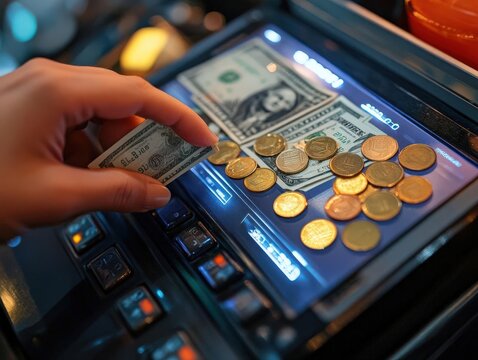 Visualize a cashiers hand confidently processing a transaction, coins and bills neatly arranged on a translucent, digital screen