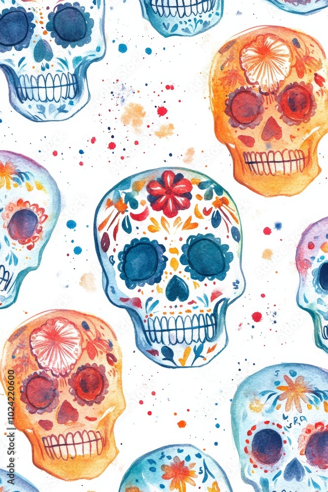 Wall mural Bright watercolor painting of Dia de los Muertos sugar skulls.