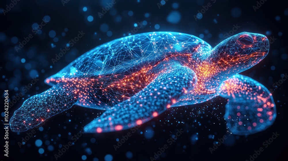 Poster a digital representation of a turtle illuminated with glowing particles and network patterns.