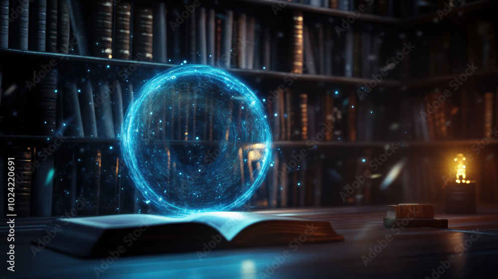 Poster magical portal appears above open book in dimly lit library, surrounded by floating particles and gl