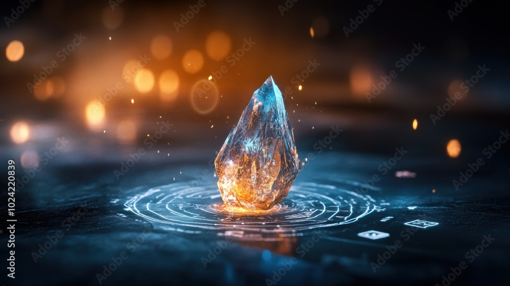 Poster mystical crystal floating in air, surrounded by glowing particles and intricate patterns, creates en