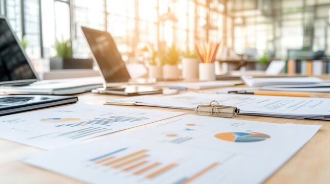 Workspace with documents, laptops, and charts under natural sunlight.