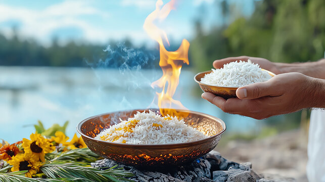A side view of a priest offering ghee and rice to the fire during the Navratri sthapna havan fire ritual