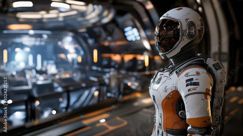 Poster futuristic robot standing guard in high tech environment, showcasing advanced technology and design.