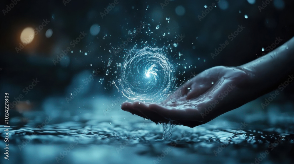Poster hand controlling swirling water vortex, creating mesmerizing display of fluid motion and energy. sce