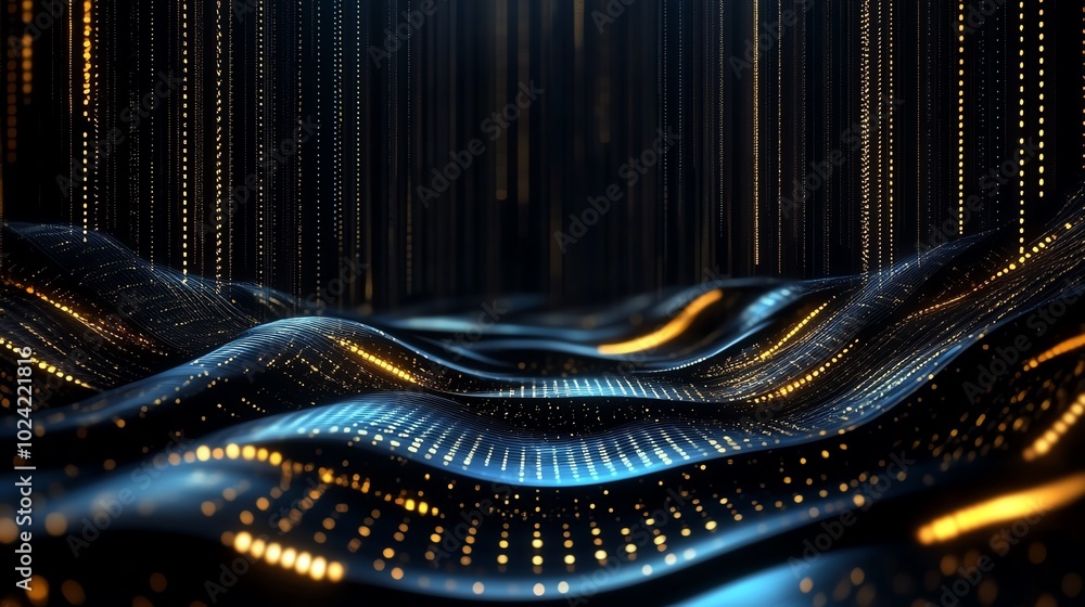 Poster futuristic abstract wave pattern with glowing lights on a dark background.