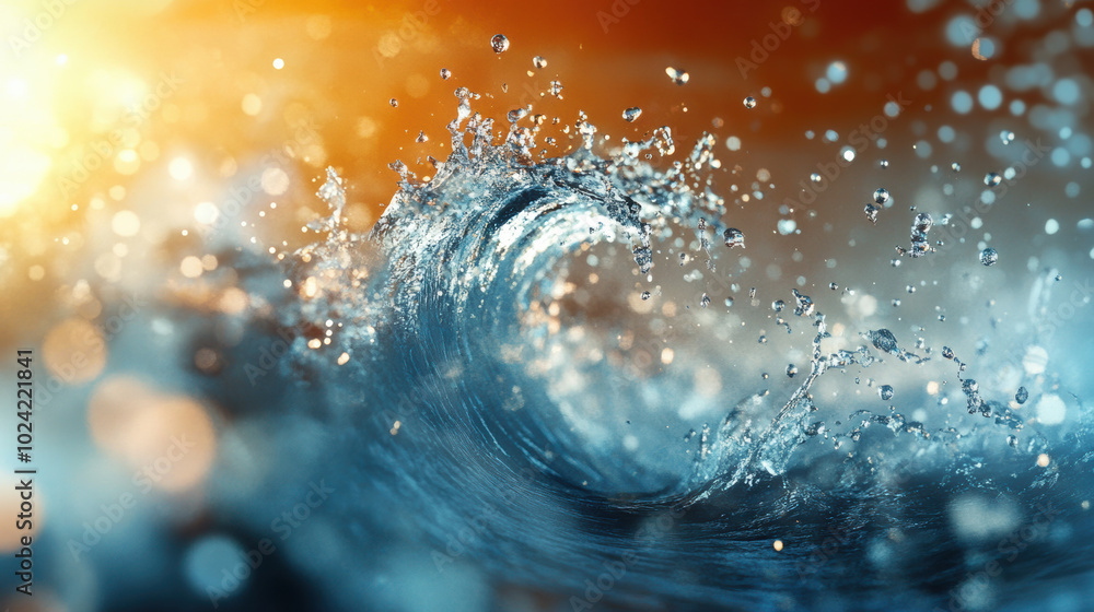 Poster dynamic wave splashes with droplets sparkling in sunlight, creating mesmerizing scene of water movem