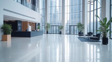 Obraz premium Modern lobby with large windows and stylish furniture, bright and inviting.