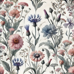 Soft Watercolor Wildflower Botanical Pattern, Generative Ai