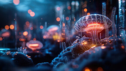 Fototapeta premium surreal underwater city with glowing corals and luminous jellyfish creates mesmerizing scene. vibrant colors and ethereal lights evoke sense of wonder and tranquility