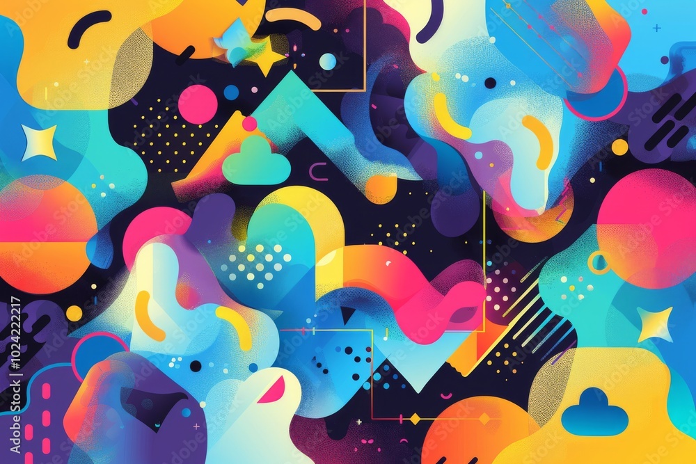 Poster a lively and colorful abstract geometric pattern featuring dynamic shapes and vibrant hues, perfect 