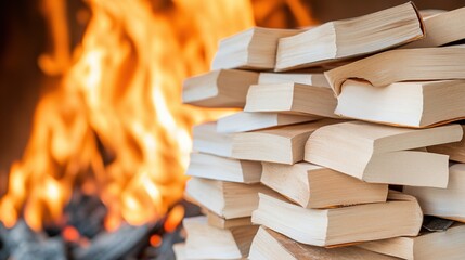 Stack of books burning in a cozy fireplace, warm ambiance, glowing flames.