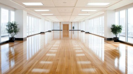 Obraz premium Spacious, modern interior with wooden floor and large windows, bright and inviting atmosphere.