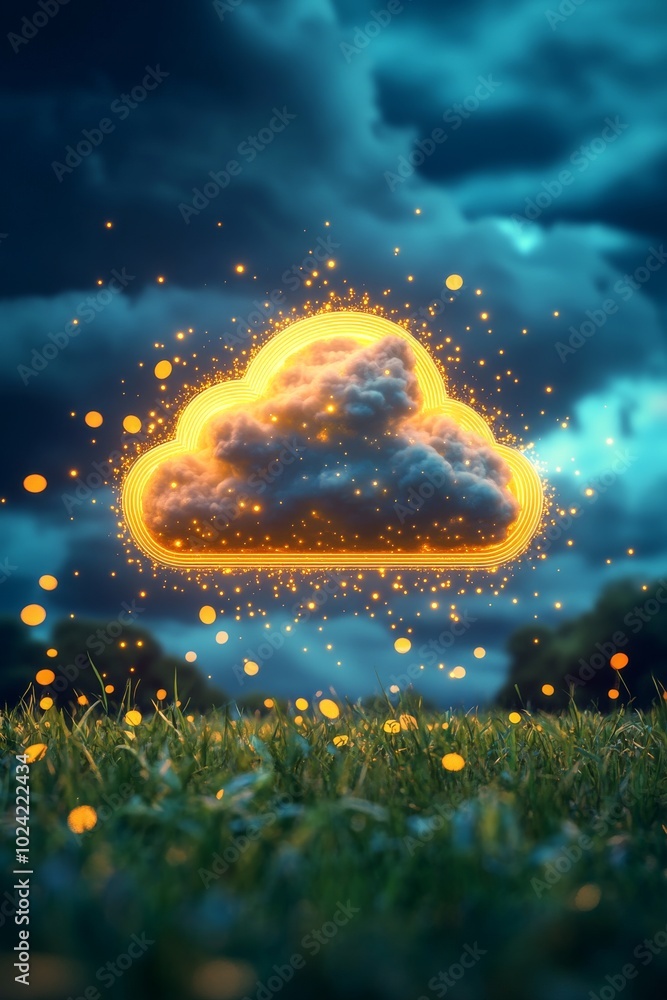 Poster a luminous cloud appears in a twilight sky, illuminated by golden particles floating around it, cast
