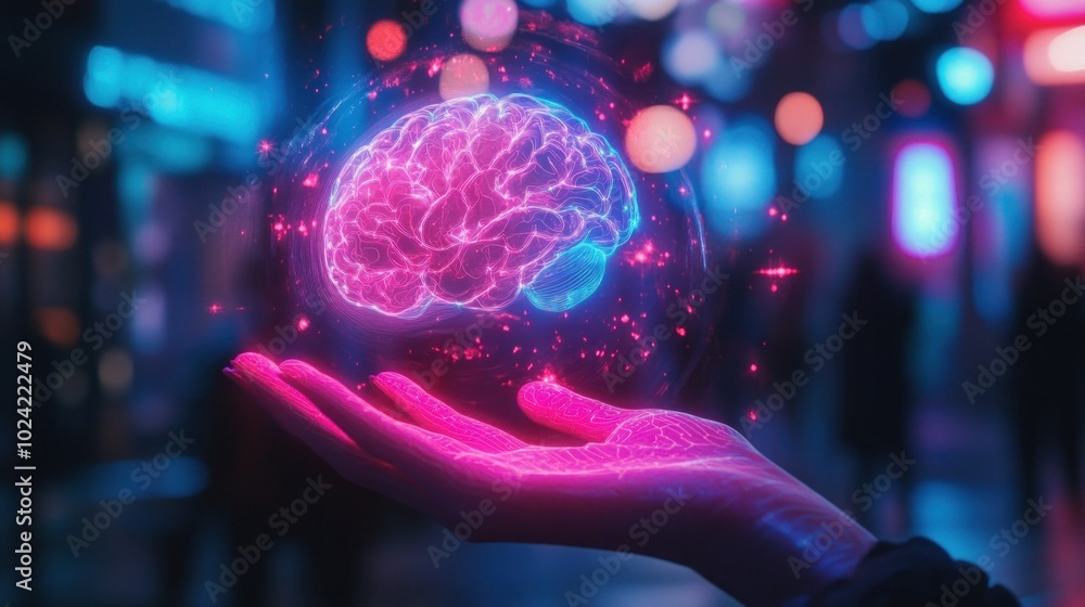 Poster a glowing brain is held in a hand, symbolizing knowledge and technology in a vibrant setting.